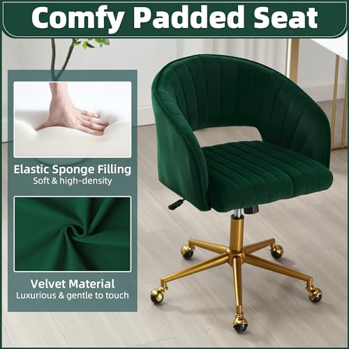 Desk Chair with Wheels, Gold Base, Velvet Accent Vanity Armchair, Green | Spacious‌ Soft Seat, Swivel Height Adjustable, Rocking Function, Modern Stripe for Girls &Women Bedroom Makeup or Nail - color: Dark Green Velvet