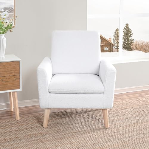 Naomi Home Frida Fleece Minimalist Accent Chair, White | Thick Cushions, Ergonomic Backrest, Solid Oak Legs, Cozy Reading Chair, Modern Living Room Seating - color: White, style: Classic