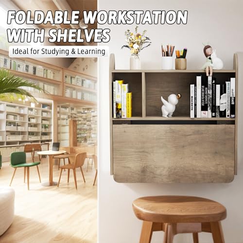 Wall Mounted Drop-Leaf Table, Floating Laptop Desk, Folding Table with Shelves, Multifunctional Computer Workstation with Storage Compartments in Home Office for Space Saving (Rustic Oak) - color: Rustic Oak