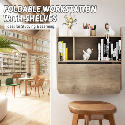 Wall Mounted Drop-Leaf Table, Floating Laptop Desk, Folding Table with Shelves, Multifunctional Computer Workstation with Storage Compartments in Home Office for Space Saving (Rustic Oak) - color: Rustic Oak