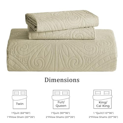 WURUIBO Full/Queen Quilt Set Beige,Ultrasonic Embossed Bedspread, Lightweight Microfiber Coverlet, Modern Thin Bedding Set for All Season, 3 Piece(1 Quilt,2 Pillow Shams) - color: Beige, size: Full/Queen(90"x96")