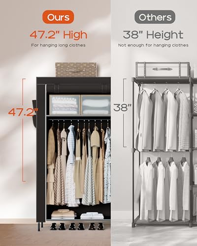 CASAMAYA Portable Closet, 61.8 Inch Large Capacity Wardrobe Closet with Cover, Clothes Storage Organizer with Shelves and 2 Hanging Rods, Easy to Assembly, Black PCT222B01 - size: 61.8"L x 17.7"W x 70.9"H