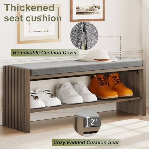 Shoe Storage Bench Bedroom, Entryway Bench with Cushion, Ottoman Benches for Living Room Hallway Entry (Greige Oak, 40 Inch Wide) - color: Greige Oak