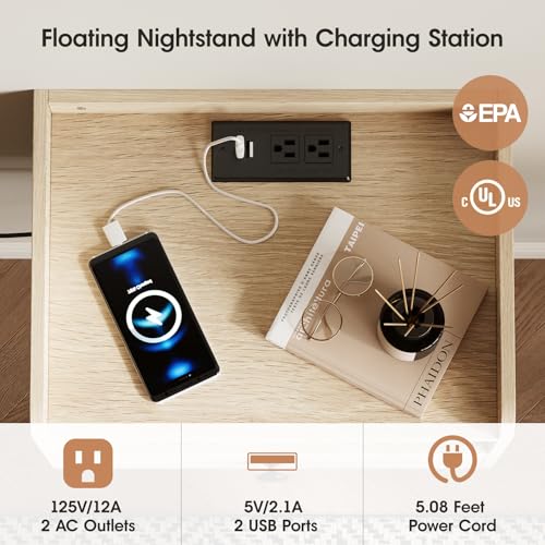 Floating Nightstand Set of 2 Modern Night Stands with Drawer and Open Shelf | Cubby Small Bedside End Table with Charging Station Wall Mounted Nightstands Set 2 for Bedroom Natural - color: Natural