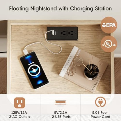 Floating Nightstand Set of 2 Modern Night Stands with Drawer and Open Shelf | Cubby Small Bedside End Table with Charging Station Wall Mounted Nightstands Set 2 for Bedroom Natural - color: Natural