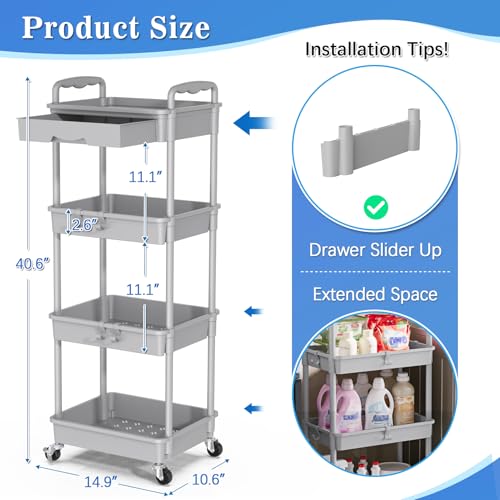 SUNALLY 4 Tier Rolling Cart with Drawer, Craft Storage Cart Organizer, Gray | Bathroom Storage Organizer with 2 Lockable Wheels, Rolling Utility Cart for Kitchen, Office, Baby, Makeup, Nail,Snack,Laundry - color: Gray, size: 4 Tier