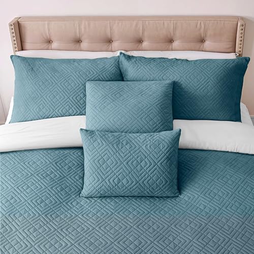 Clara Clark Quilts Twin Size - All Season Bedspread Coverlet Set, Pinsonic Weave Lightweight Bedding Set - 5 Piece Twin Quilt Set with Pillow Shams, Stone Blue - Twin Diamond - color: 24 – Stone Blue – Diamond, size: Twin