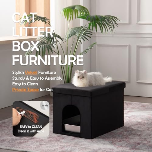MEEXPAWS Cat Litter Box Enclosure Furniture L Velvet Lift Design Lid | Large Hidden Cat Washroom Bench Ottoman, Storage Cabinet Dog Proof,Urine Proof, Easy Clean, Quick Assembly, Black - color: Black, size: L 25.6''x W17.7'' x H17.7''