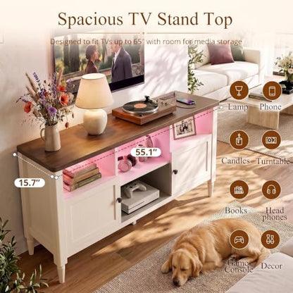 55" Farmhouse TV Stand with LED Lights & AC/USB Outlets | Rustic White Entertainment Center for TVs up to 65 Inch, Media Console Table with Storage Cabinets for Living Room Bedroom - color: Rustic White + Cracked Oak