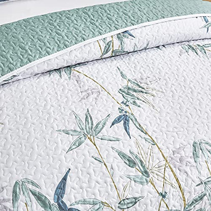 Flysheep Botanical Quilt Set 2 Pieces Twin Size, Green Leaves Printed on White Reversible Bedspread Coverlet Set, Soft Microfiber Lightweight Bed Cover for Kids (68" x 86", 1 Quilt+ 1 Pillow Sham) - color: Green Leaves, size: Twin-68" x 86" (1 Quilt + 1 P