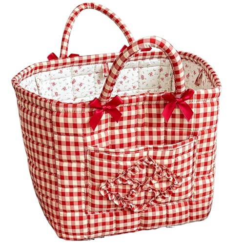 vctops Gingham Fabric Quilted Storage Basket for Organizing, Basket Organizer Gift Baskets with Handles, Storage Bins for Toys, Books, Towels, and Clothes, Collapsible Fabric(Red,13"x10.6"x10") - color: Red