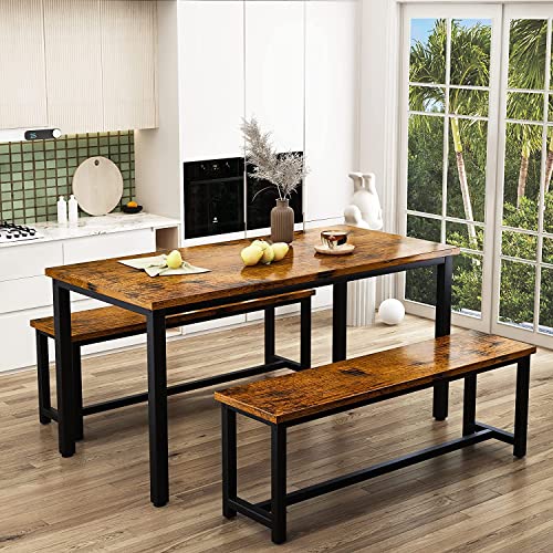 Dining Room Table Set with 2 Benches, Farmhouse Dining Table Set for 4-6, Wood Breakfast Table Set Dinner Table Set Kitchen Table and Chairs for Breakfast Nook Small Spaces, Brown - color: Rustic Brown