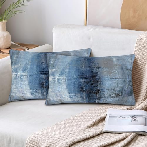 Blue and Grey Abstract Art Artwork Pillow Cover, Gallery Modern Decorative Throw Pillows Cushion Cover for Bedroom Sofa Living Room 12 x 20 Inch Set of 2 - color: Blue and Grey, size: 20" x 12" (Pack of 2)