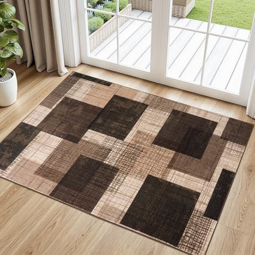 Washable 2x3 Entryway Rug, Throw Rugs with Rubber Backing, Chocolate | Non Slip, Low-Pile, Soft Stain Resistant, Patchwork Grid Print Door Mat Indoor Entrance for Kitchen Entry Bathroom Decor - color: Chocolate, size: 2' x 3' (Rectangular)