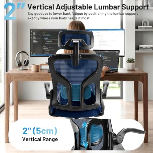 Office Chair Ergonomic Desk Chair with Adjustable Headrest Lumbar Support, High Back Breathable Mesh Chair with 120° Tilt & Flip-Up Armrests, Swivel Comfy Task Computer Chair for Work, Study - color: Navy