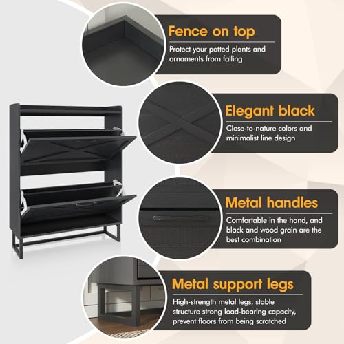 Maupvit Shoe Storage Cabinet with 2 Flip Drawers, Freestanding Organizer with Metal Legs for Entryway, Narrow Shoe Rack Cabinet, Black - color: Black, style: 2-Drawers