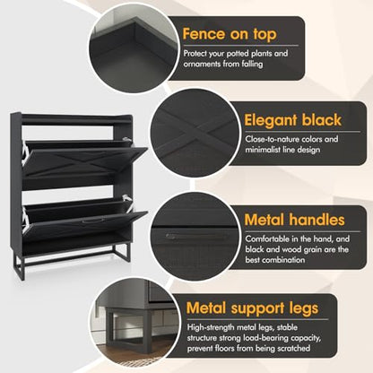 Maupvit Shoe Storage Cabinet with 2 Flip Drawers, Freestanding Organizer with Metal Legs for Entryway, Narrow Shoe Rack Cabinet, Black - color: Black, style: 2-Drawers
