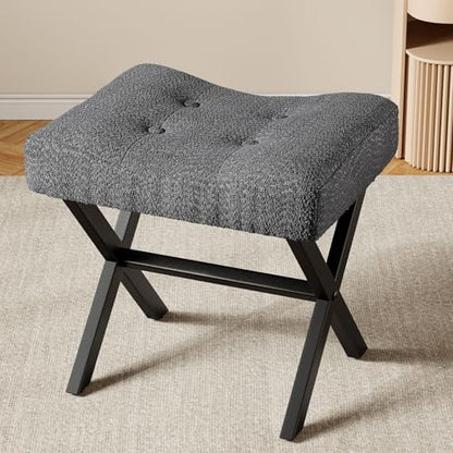18-Inch Large Vanity Stool Chair, Gray Makeup Stool | Teddy Flannel Vanity Bench, Metal X-Leg, 350 LBS, 20"x16.9"x18", Ottoman Accent Stool, Breathable Soft Padded Saddle Seat - size: Large, style: Gray Fabric