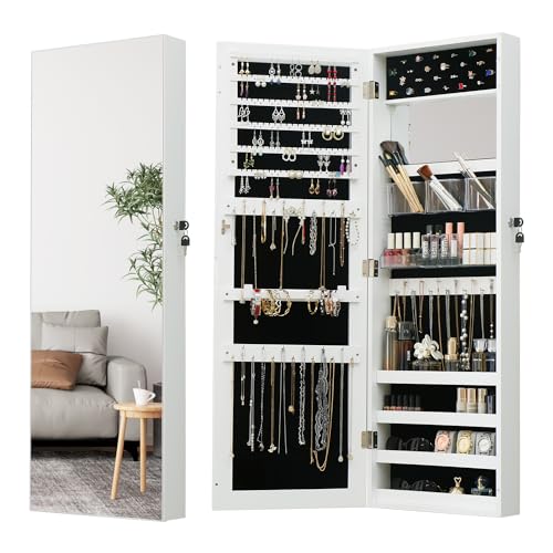 Full Length Mirror Jewelry Cabinet - 2-in-1 Organizer for Makeup and Jewelry,Lockable Door Wall-Mounted Jewelry Armoire with Shelves and Behind the Door Storage White - color: Off White, size: 43.3*14.6 Standard Mirror