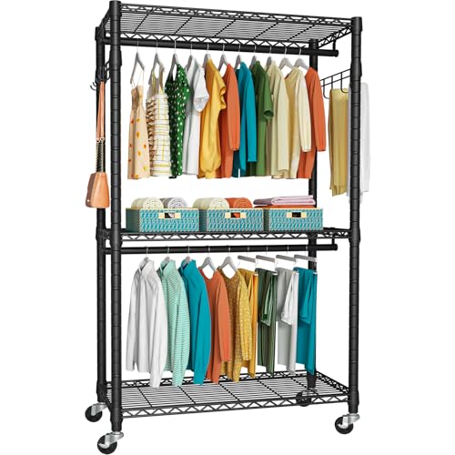 P1 Heavy Duty Garment Rack, Rolling Closet Organizer with Wheels | 3-Tier Freestanding Metal Clothes Clothing Wardrobe System with Double Hanger Rods and Hooks, Max Load 450lbs, Black - color: Black, size: P1