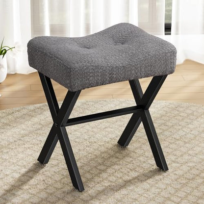 18-Inch Vanity Stool Chair, Gray Makeup Stool | Teddy Flannel Vanity Bench, Metal X-Leg, 300 LBS, 16.3"x12.4"x18", Ottoman Accent Stool, Breathable Soft Saddle Seat - size: Small, style: Gray Fabric