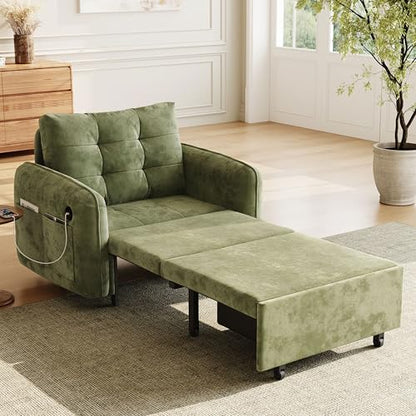 3-in-1 Convertible Sleeper Chair Bed, Multi-Functional Chenille Single Sofa Bed with Storage Pockets and Box, 80" Extra Long Pull Out Sleeping Lounge Chair for Living Room & Apartment (Green,35) - color: Green,35