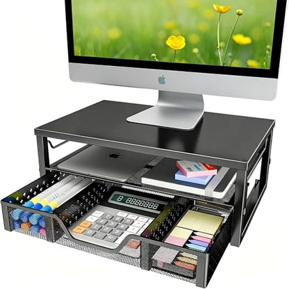 Simple Trending 2-Tier Monitor Stand Riser, Laptop & Printer Stand, Black | Metal Desk Organizer with Drawer, Desktop Organizer, Ergonomic Design, for Home Office, 16.34"W x 10.35"D x 3.5"H - size: 16.34"W x 10.35"D x 3.5"H