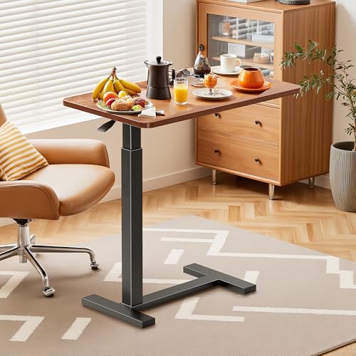 Simple Deluxe Adjustable Overbed Bedside Table with Wheels, Pneumatic Adjustable Hospital & Home Use Bed Table, Rolling Laptop Table, Mobile Standing Desk, Brown - color: Brown, style: Non-Tiltable