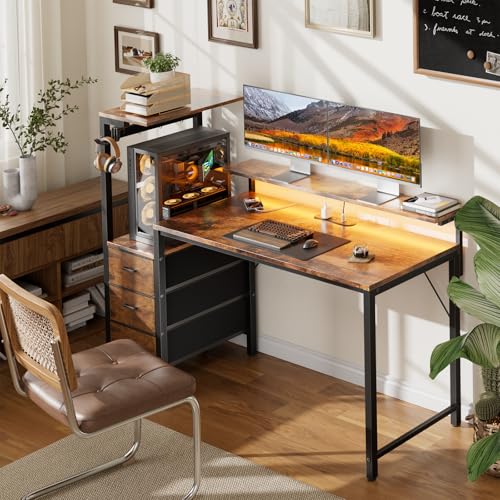 HLDIRECT 60 Inch Gaming Desk with Power Outlets & LED Lights, Rustic Brown | Reversible gaming computer desk with built-in monitor stand, 3 fabric drawers & 4 side hooks, 2 AC outlets & 3 USB ports - color: Rustic Brown, size: 60 inch