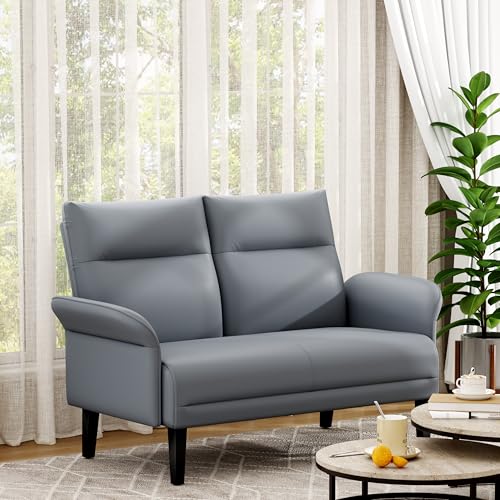 Yongchuang Small Couch 46" Grey Faux Leather Loveseat Sofa for Living Room Bedroom Love Seat Mini Couch with Arm Rest - color: Grey