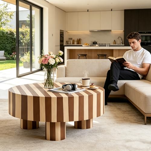 31.5" Modern Round Wood Coffee Table MDF Center Table Striped Design Modern Dinning Table for Living Room, Office, Apartment.(Stripes) - color: Color Mixing