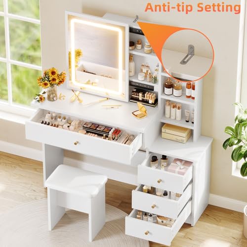 White Makeup Vanity Desk with Sliding Mirror & 4 Drawers | Smart LED Mirror, 3 Adjustable Lighting Modes, Vanity Chair, 4 Drawers, 7 Shelves, Dressing Table for Women, Girls - style: White with Slide mirror