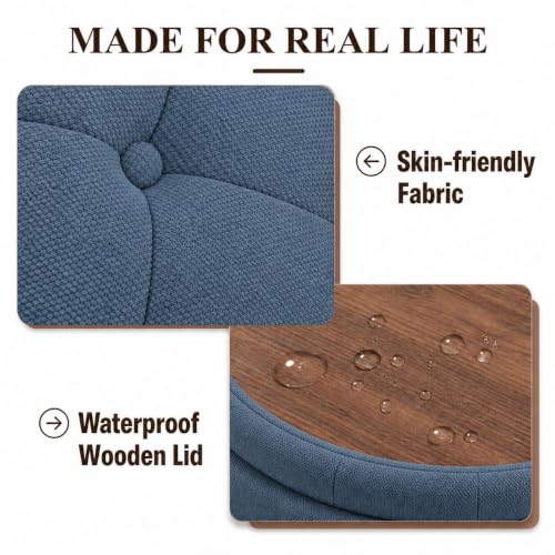 25" Round Ottoman with Storage, Small Coffee Table with Reversible Tray Lid | Tufted Fabric Round Storage Ottoman with Solid Wood Legs, 3-in-1 Footrest for Living Room, Bedroom, Entryway, Blue - color: Blue