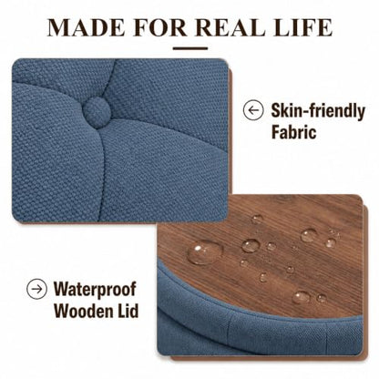 25" Round Ottoman with Storage, Small Coffee Table with Reversible Tray Lid | Tufted Fabric Round Storage Ottoman with Solid Wood Legs, 3-in-1 Footrest for Living Room, Bedroom, Entryway, Blue - color: Blue
