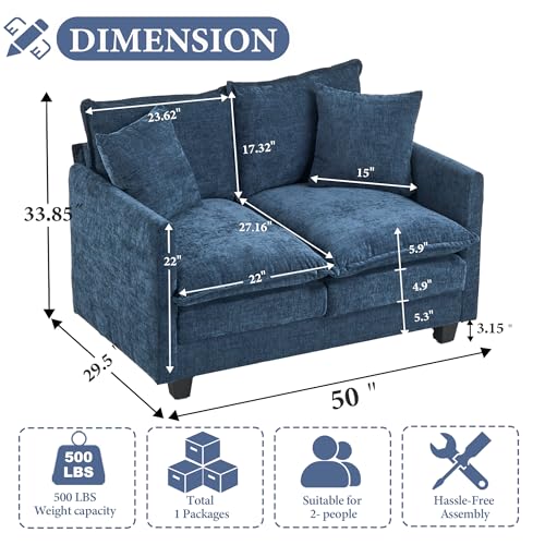 50 Inch Loveseat Sofa | Comfy Small Couch for Bedroom, Living Room, Office | Mini 2 Seater Sofa in a Box | Deep Seat with Double Layer Upholstered Cushion, Removable Cover, Chenille Fabric | Blue - color: Blue, size: 50Inch