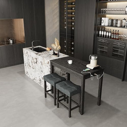 allamazing 3-Piece Counter Height Bar Table Set with Socket and 2 Fabric Padded Bar Stools, Tall Kitchen Breakfast Dining Table Set with Stools (1+2 Black) - color: 1+2 Black
