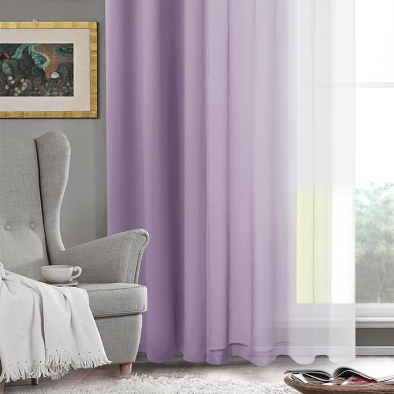 DWCN Ombre Faux Linen Extra Long Sheer Curtains - Semi Voile Gradient Grommet Top Curtains for Bedroom and Living Room, 52 x 102 Inches Long, Set of 2 Window Curtain Panels, Lavender - color: Lavender, size: 52"W x 102"L (Pack of 2)