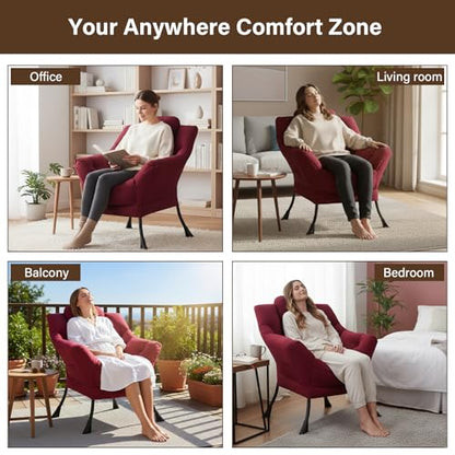 Welnow Burgundy Single Lazy Chair for Adults，Modern Reading Accent Chair | A Side Pocket,Armrests,Thick Cushioned Seat & Backrest, Lounge Reading Chair for Bedroom,Living Room & Small Space - color: Burgundy Without Stool