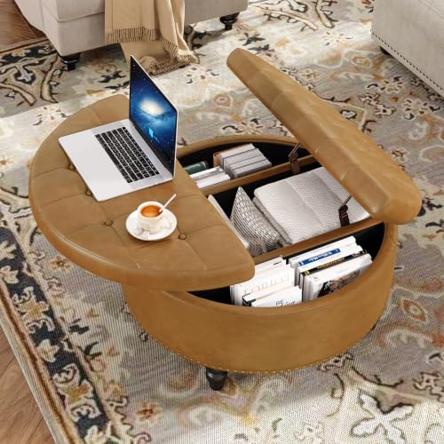 FiveWillowise 30 Inch Large Round Ottoman with Storage Circular,Camle | Leather Coffee Table with Lift Top,Modern Upholstered Button Tufted Footrest Stool Solid Wood Legs for Living Room,Bedroom - color: Camle