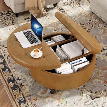 FiveWillowise 30 Inch Large Round Ottoman with Storage Circular,Camle | Leather Coffee Table with Lift Top,Modern Upholstered Button Tufted Footrest Stool Solid Wood Legs for Living Room,Bedroom - color: Camle