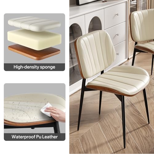 Dining Chairs Set of 6, Mid Century Modern Dining Room Chair, Upholstered Faux Leather Kitchen Chairs with Walnut Bentwood Back and Metal Legs for Kitchen Dining Room Living Room, Beige - color: Beige, size: Set of 6