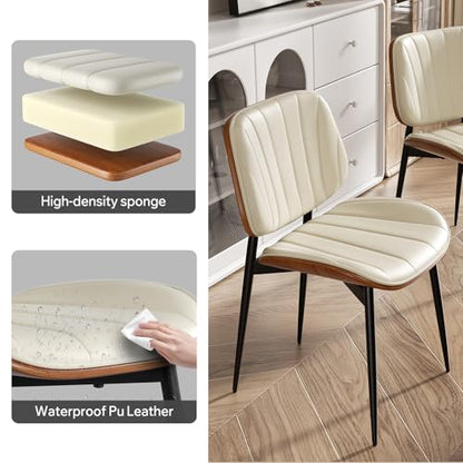 Dining Chairs Set of 6, Mid Century Modern Dining Room Chair, Upholstered Faux Leather Kitchen Chairs with Walnut Bentwood Back and Metal Legs for Kitchen Dining Room Living Room, Beige - color: Beige, size: Set of 6