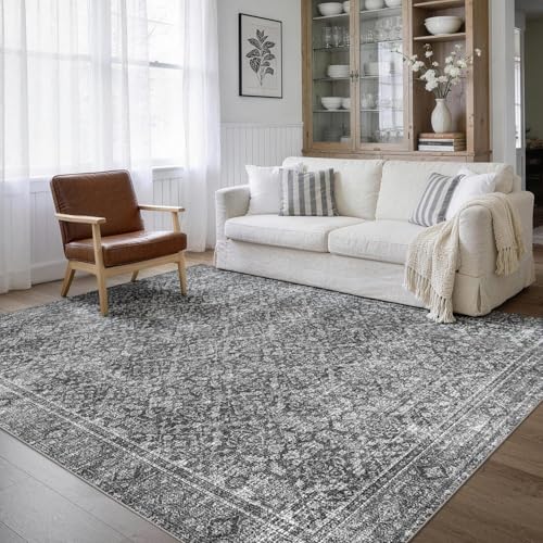 Latte&Fog 6x9 Washable Area Rugs for Living Room Bedroom Dining Room, Grey | Vintage Boho Retro Floral Carpet, Rug for Farmhouse Office Dorm Kids Room, Non Slip, Soft, Low Pile, Stain Resistant - color: Grey, size: 6' x 9' (Rectangular)