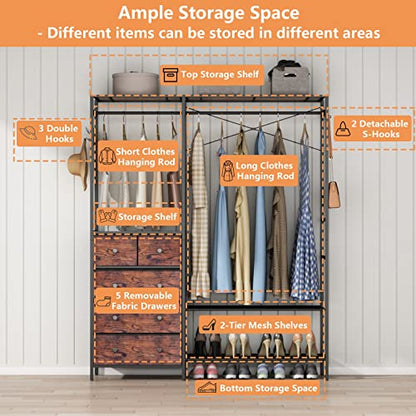 Freestanding Clothes Rack with 5 Drawers & 4 Storage Shelves,2 Hanging Rods | 59.1" W*70.9" H Heavy Duty Clothing Rack, Wardrobe Closet Organizer System with 5 Hooks, Garment Rack (Rustic) - color: Rustic