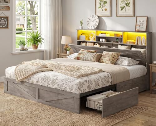 AOGLLATI Farmhouse Queen Bed Frame with 4 Storage Drawers and Led Lights, Wooden Bed Frame Queen Size with Hidden Space Bookcase Headboard and Led Lights & Metal Slats, Grey - color: Grey, size: Queen