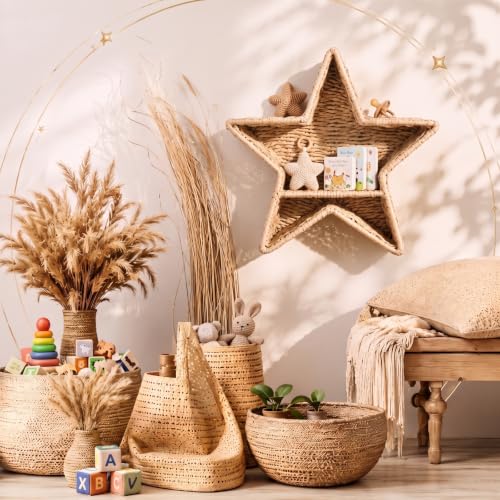 Star Nursery Wall Shelf Decor Boho Rattan Wicker Floating Shelves Handwoven Natural Rattan Hanging Organizer Storage Basket for Small Books Toys Nursery Bathroom Living Room Bedroom Corner - style: Star
