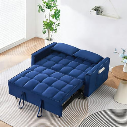 55" Pull Out Sleeper Sofa, Velvet Loveseat with Side Pockets, Blue | Velvet upholstery, 5-level adjustable back, Pull-out bed design, Sturdy frame with side pockets - color: Blue