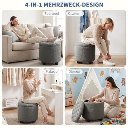 Modern Round Storage Ottoman, Upholstered Button Tufted Ottoman Footstool Ottomans with Removable Lid Storage Footstool for Living Room, Bedroom, Makeup Room, Teddy, Grey - color: Grey-1