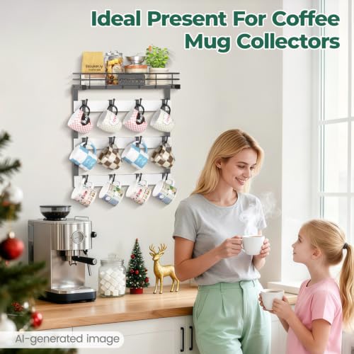 EsLuker.ly Coffee Mug Holder Cup Hanger Wall Mounted Display Rack | Metal Organizer with 12 Movable Plastic Hooks, Wood Rustic Shelf for Coffee Bar Home Kitchen, Thoughtful Wall Storage, White - style: 12 Movable Hooks White Style