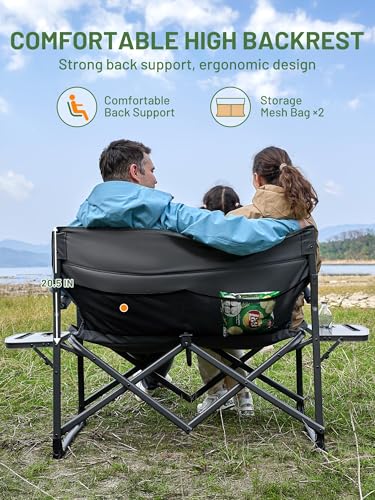 TIMBER RIDGE Double Camping Chair Portable Loveseat, Heavy Duty Folding Camp Couch, 2 person Director Chairs with Cup Holder for Outdoor Lawn Tailgates Picnic Sports Soccer Games Supports 600 lbs Grey | Heavy Duty Folding Camp Couch for 2 Person with Cup